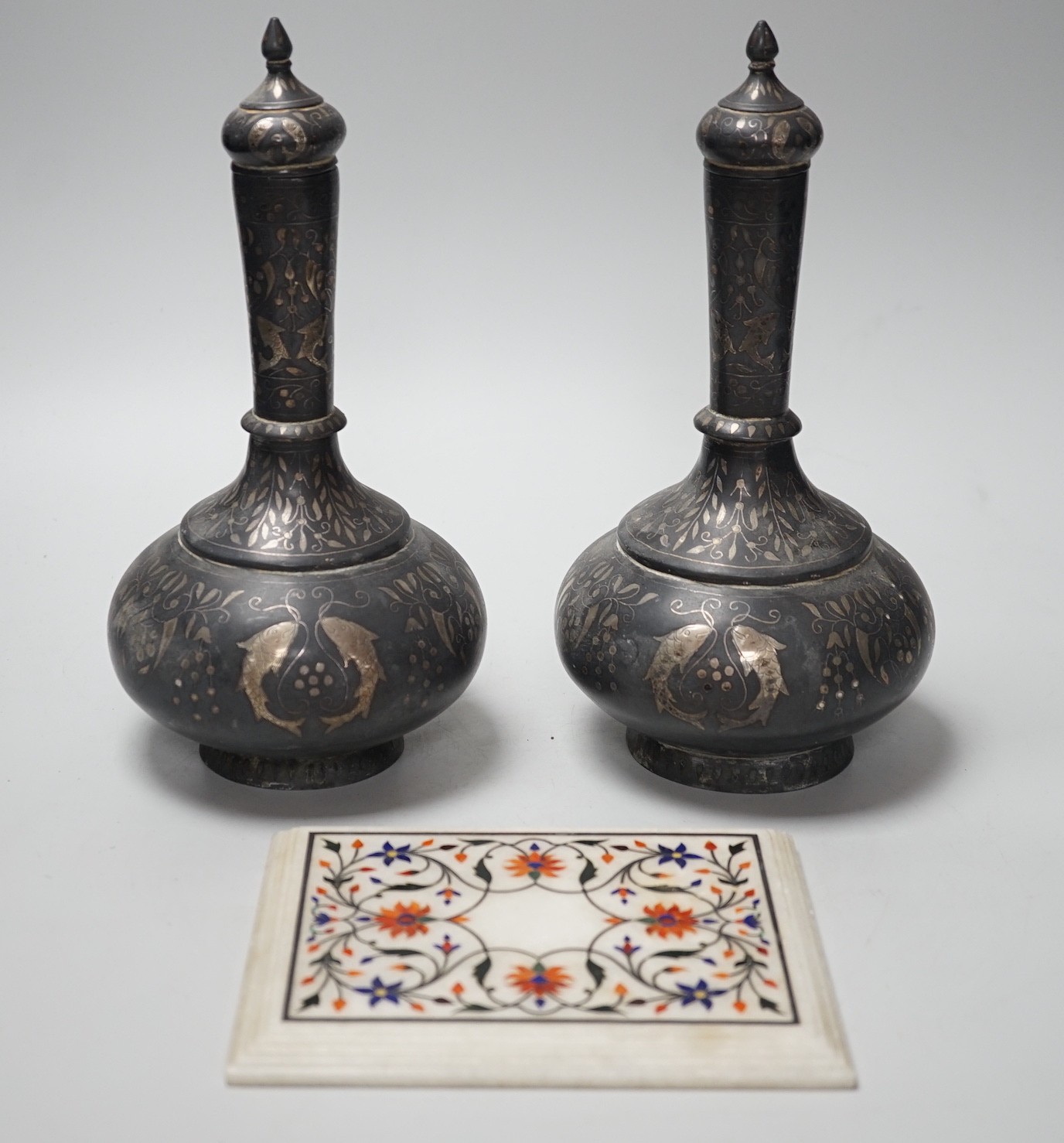 A pair of 19th century Indian Bidri ware water bottles of covers and a Pieter Durer plaque, bottles and covers 25cms high